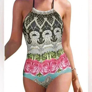 Ekouaer Halter style one piece swimsuit geometric and rose print size large New